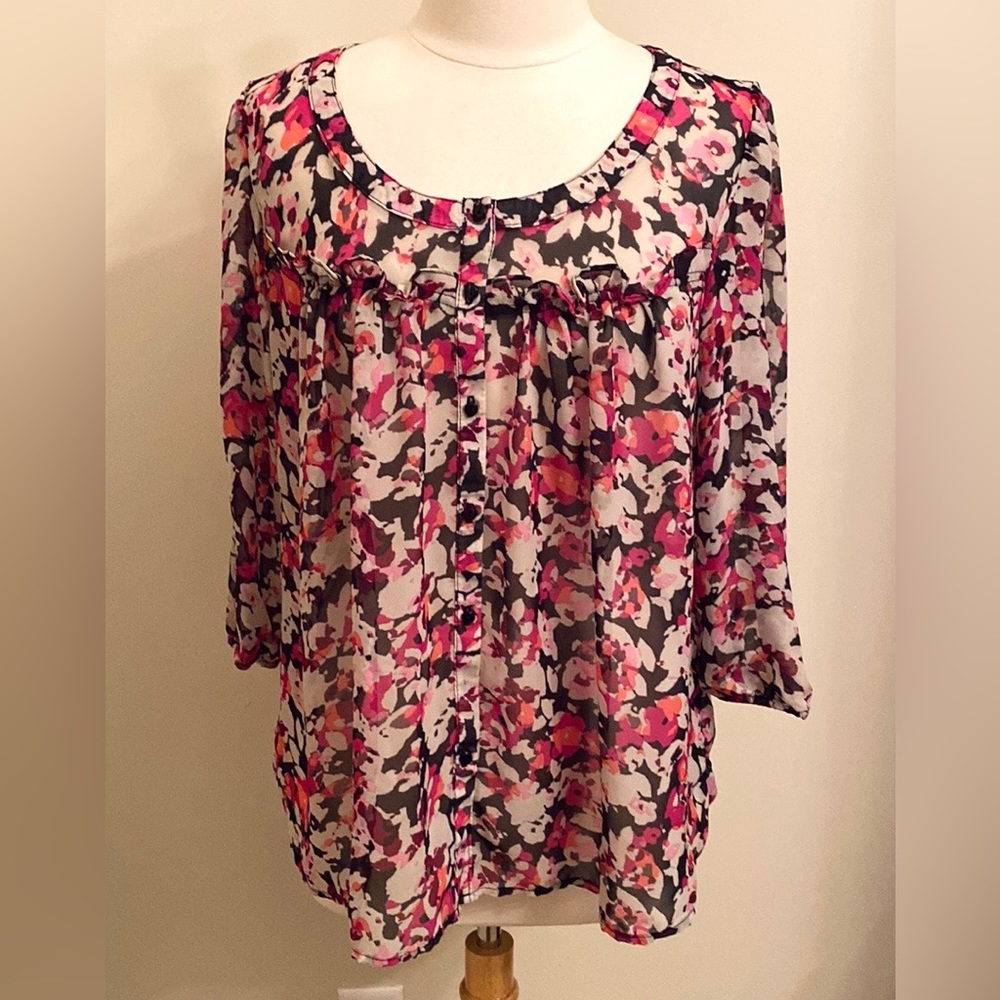 Elle Black Pink Floral Ruffled Trim Button Down Semi Sheer Long Sleeve Blouse L
